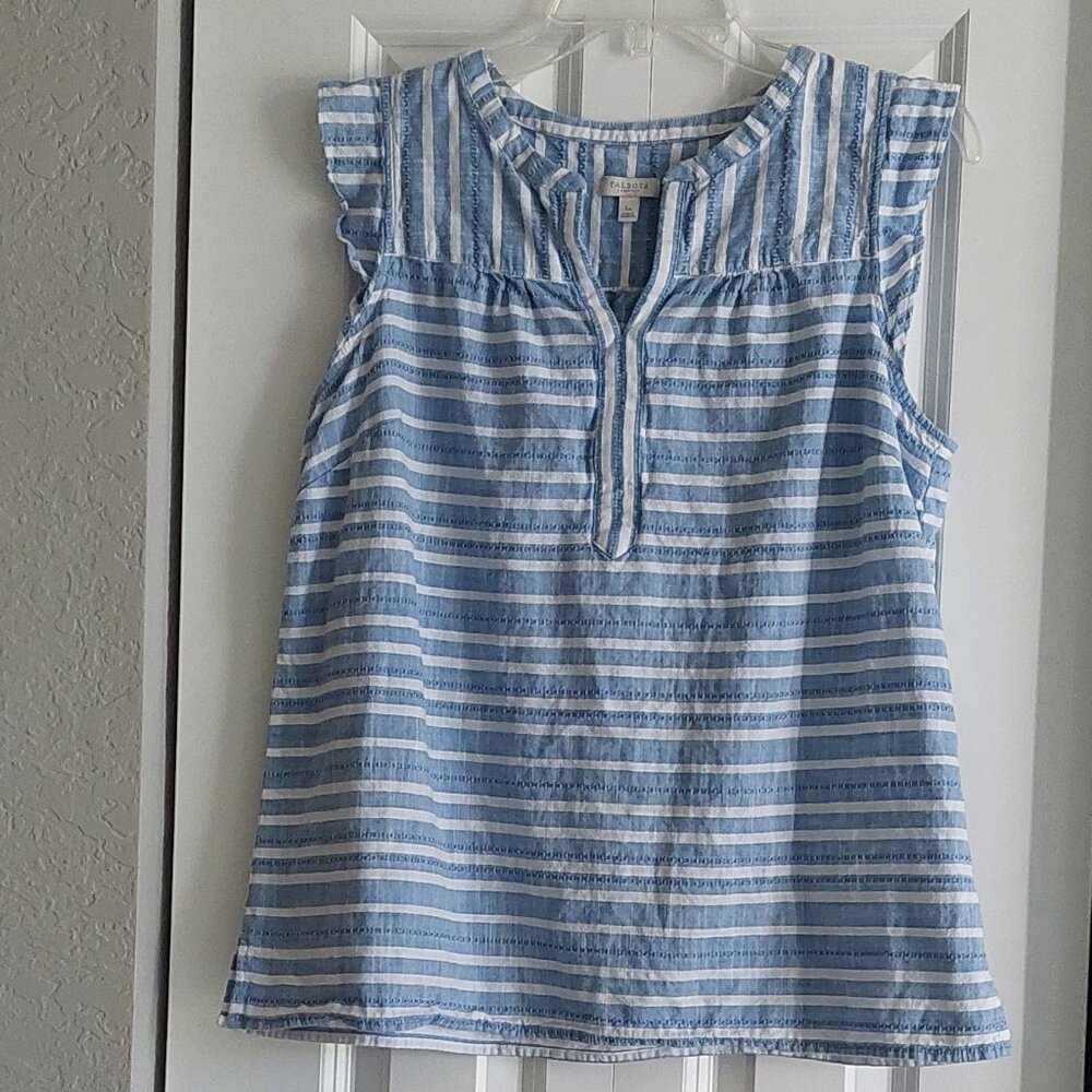 Talbots Blue & White Stripe Flutter Sleeve Blouse… - image 1